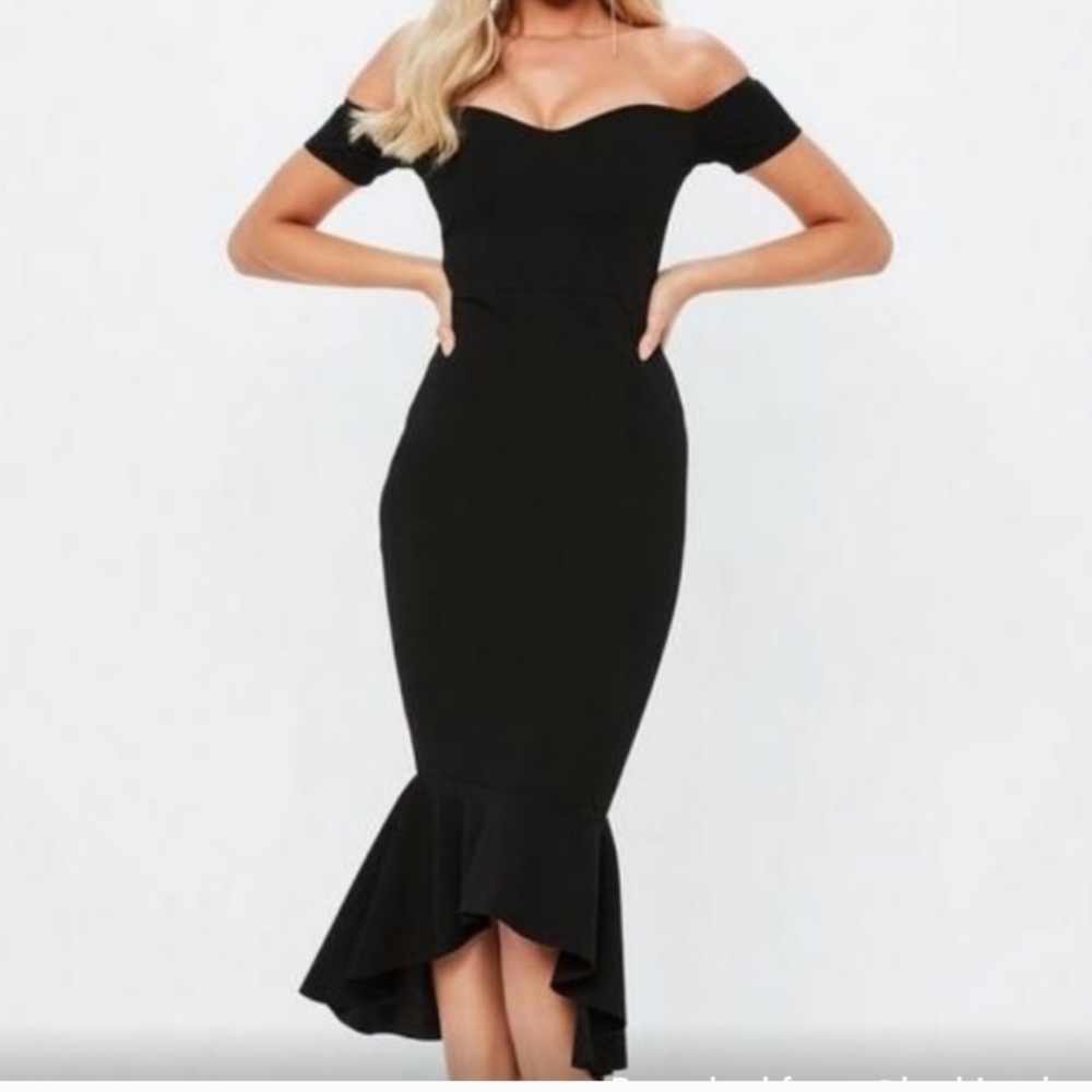 Missguided Black Bardot Short Sleeve Fishtail Midi Dress Size 12 NWT